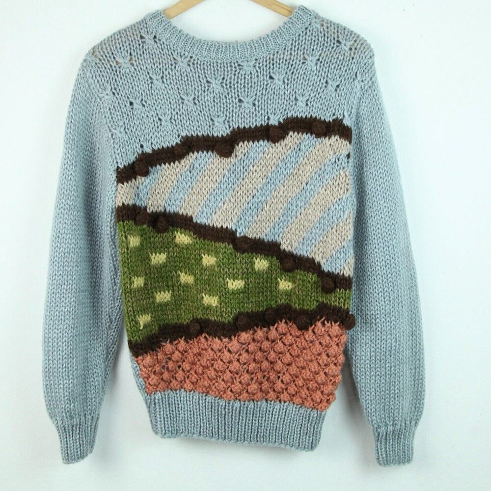 Vintage Novelty Sweater S M‎ Cottagecore Farm Bobble Granny 80s Cute Multicolor